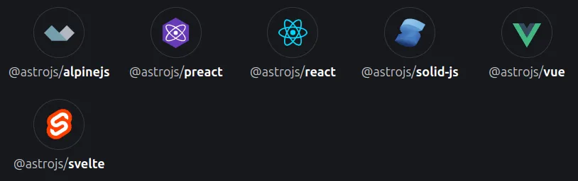 Librairies officiellement supportées par Astro en 2025 : React, Vue, Svelte, Solid...