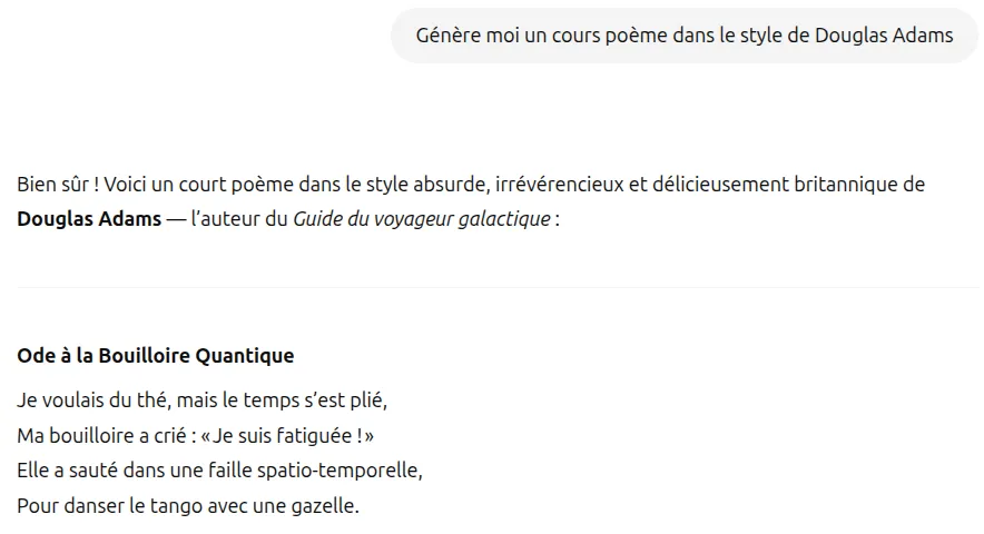 Un court poème dans le style humouristique de Douglas Adams, généré par ChatGPT