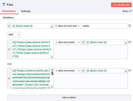 image illustrant le noeud Filter dans n8n et les différentes conditions