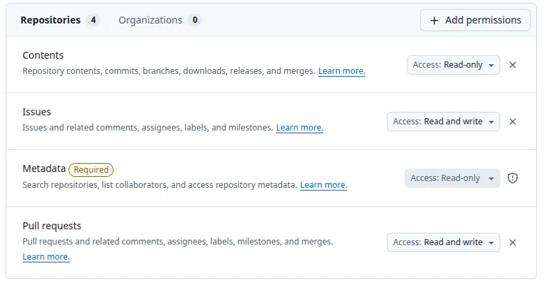 Permissions pour le token GitHub