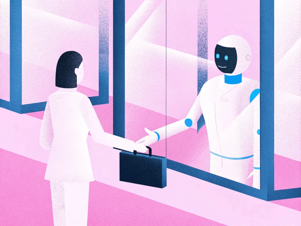 Illustration : une entrepreneuse serrant la main d'un robot représentant l'IA