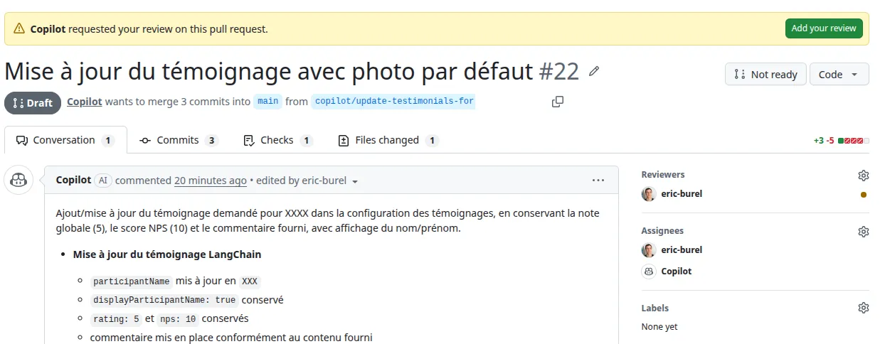 Pull request créée par Copilot