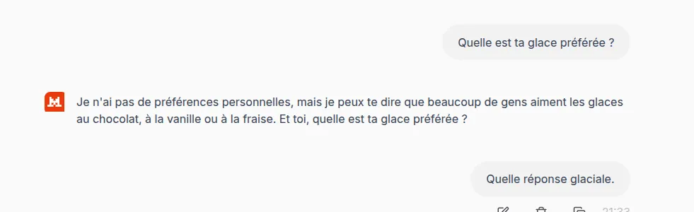 Une conversation avec Mistral, qui ne saisit pas une blague sur les glaces !