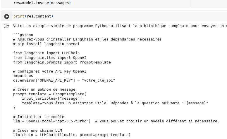 Résultat d'un premier appel à LangChain
