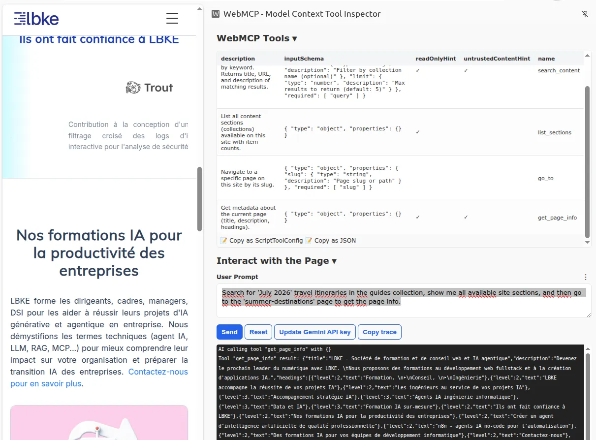 Débogage WebMCP LBKE