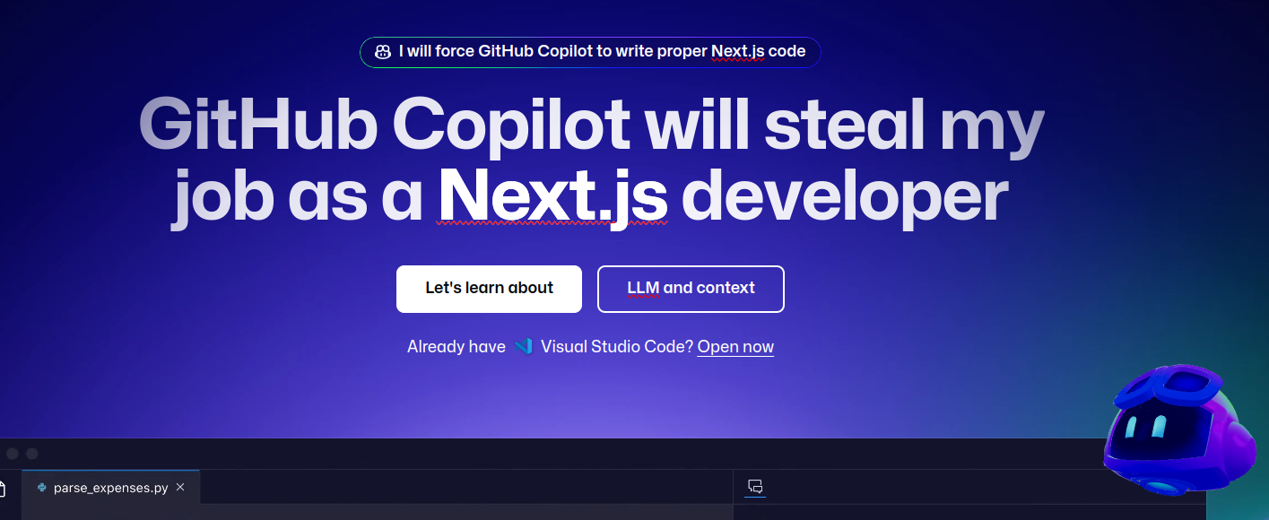 Cover image replacing GitHub Copilot official home page with "GitHub Copilot will steal my job as a Next.js developer"